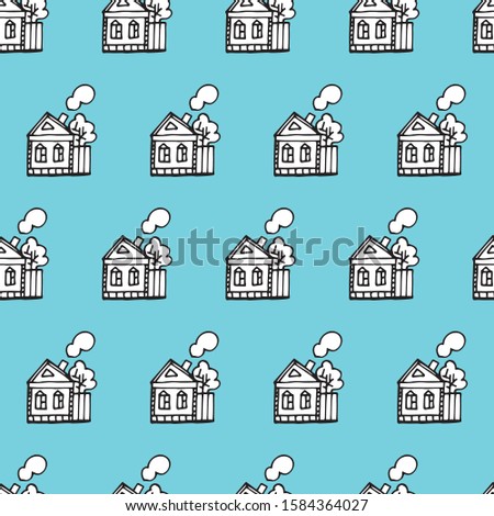 Seamless vector pattern of house, tree, plant pattern. House, trees, fence. Vector drawing line. House vector seamless background. Suitable for children's room decoration, fabric, decor.