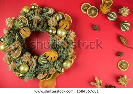 Christmas design elements on red background. Holidays, new year concept