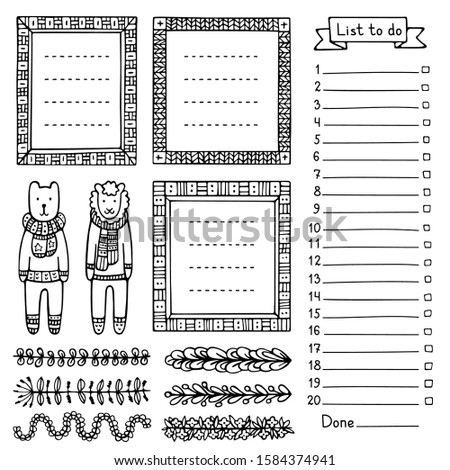 Bear, sheep, and set of hand-drawn frames and dividers for bullet journal, notebook, diary or planner. Collection of doodle black vector borders isolated on white background. 
