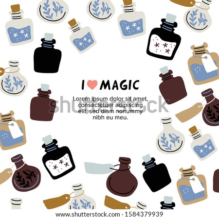 Square banner frame with colorful magic cartoon bottles and love potions. Vector illustration. Magic elixir hand drawn pattern design on white background. Scandinavian style magician banner