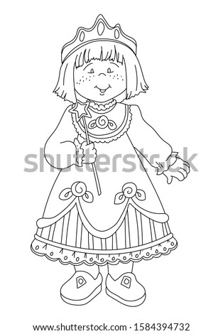 A little girl in a beautiful dress holds a little star and puts a crown on her head. Girl's birthday. A nice princess - coloring page