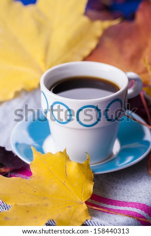 Autumn style close up photo of a hot coffee cup with some leafs in the  background.