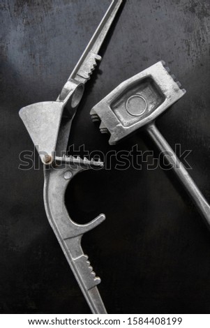 Kitchen utensils decor. garlic press and hammer for beating meat. Metal creative. Steel tools decor. The battle of two opposing forces. Image in the interior. A composition of everyday objects.
