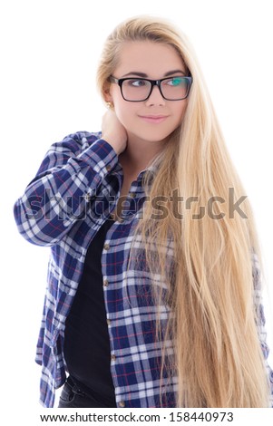 teenage girl in eyeglasses with beautiful long hair isolated on white background