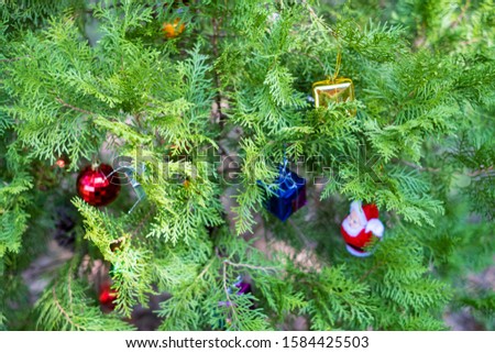 Pine tree and decoration doll with gift boxes at blurred  background, Merry Christmas and Happy new year concept