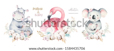 Watercolor cute cartoon illustration with cute mommy flamingo and baby, flower leaves wreath. Mother hippo and baby illustration bird design. Tropical mom koala decoration