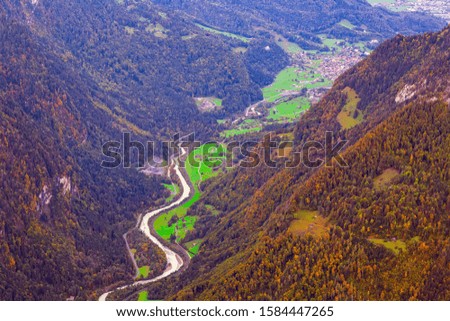 Lauterbrunnen valley and mountains Swiss Alps, Switzerland aerial autumn view in Jungfrau region