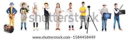 Children in uniforms of different professions on white background Royalty-Free Stock Photo #1584458449