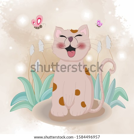 adorable brown cat smiling and grass ,butterfly , wallpaper and many more,animal illustration for kids project, fabric, scrapbooking, crafting