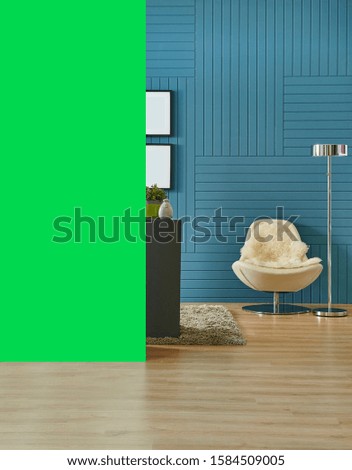 Colorful wall in the room and modern blue background room, chair lamp and bookshelf style with carpet.