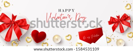 Happy Valentine's Day horizontal banner. Vector illustration with realistic gift boxes, envelope, candles, gold hearts and confetti on white background. Holiday gretting card.