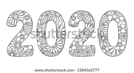 Handwritten number 2020 patterned with zen-tangle doodle flowers. Isolated on white. Handwritten font 2020 for decorate calendar, banner, poster, invitation, new year card, adult coloring book.