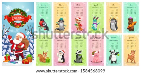 Monthly calendar vector template of Santa Claus, animals and Christmas gifts. New Year calendar with Xmas wreath, present boxes and red ribbon bow, reindeer with bell, bullfinch and bear, fox, rabbit