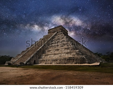 Mayan pyramid of Kukulcan El Castillo in Chichen-Itza (Chichen Itza), Mexico  at Night Royalty-Free Stock Photo #158459309