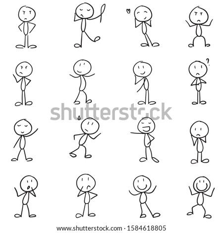 Set of 16 stick figures in different poses, expressing different emotions. Separate elements for presentations or prints. Stick men set in vector eps10 Royalty-Free Stock Photo #1584618805