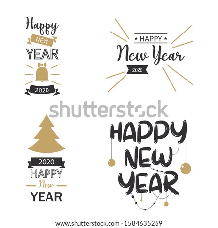 Collection, set of four different Happy New Year 2020 icons, holiday, simple lettering typography, gift or invitational cards, invitations EPS Vector