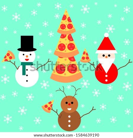 A snowman, Santa, and deer enjoy eating pizza in the snow on holiday.