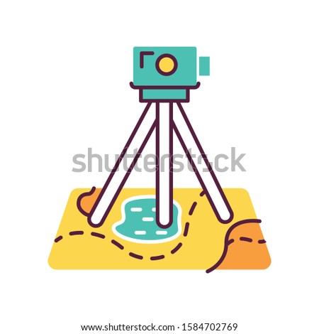 Field survey color icon. Research equipment. Archeological examination. Digital tool on map. Land review. Geological inspection. Topographic data gathering. Isolated vector illustration