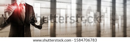 Buy and sell finacial concept. Business Graph Stock Market chart. Digital charts and screen interface. Panoramic banner.