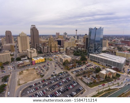 Aerial view of Tower of the Americas and downtown buildings in San Antonio, Texas, TX, USA.
