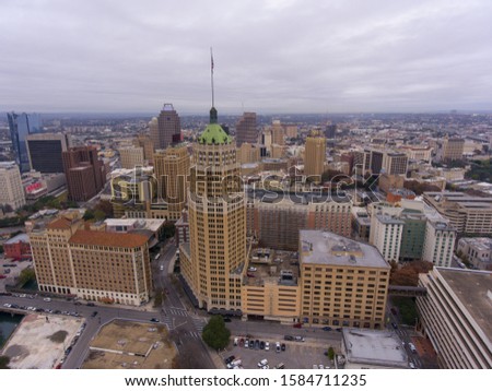 Aerial view of San Antonio downtown skyline including Tower Life Building, San Antonio, Texas, TX, USA.