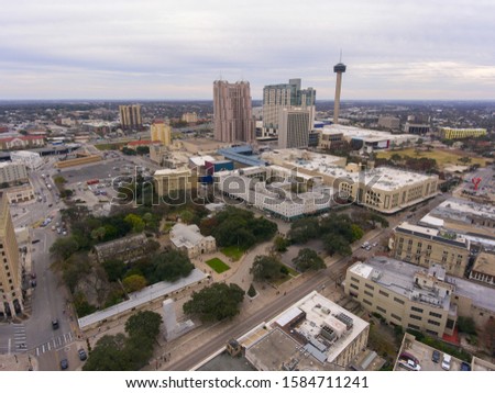 Aerial view of the Alamo Mission and Tower of the Americas in downtown San Antonio, Texas, TX, USA. The Mission is a part of the San Antonio Missions World Heritage Site.