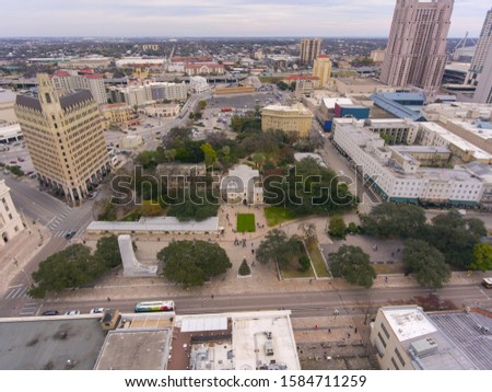 Aerial view of the Alamo Mission in downtown San Antonio, Texas, TX, USA. The Mission is a part of the San Antonio Missions World Heritage Site.