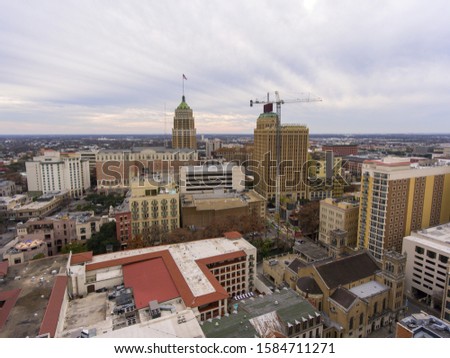 Aerial view of San Antonio downtown skyline including Tower Life Building, San Antonio, Texas, TX, USA.