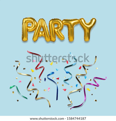 Creative composition made with Party foil balloon and colorful streamers on blue background. Minimal celebration party concept.