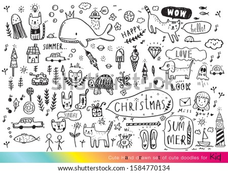 Vector illustration of Doodle cute for kid, Hand drawn set of cute doodles for decoration,Funny Doodle Hand Drawn,Summer, Doodle set of objects from a child's life
