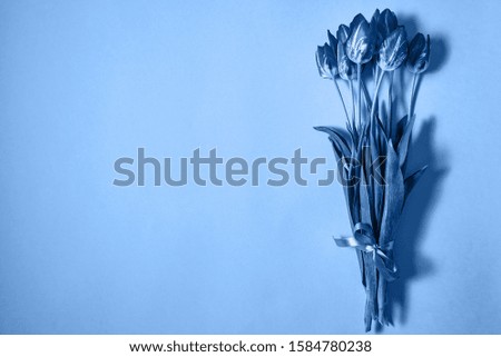 Classic blue background with tulip flowers, copy space. Color of the year 2020. Nature background. Top view, flat lay. Womens Day, Mothers Day, Valentine's Day, birthday