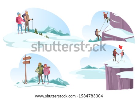 Winter tourism set with cartoon people characters enjoying extreme hiking and mountaineering sport. Man and woman with backpacks climbing in mountains covered snow. Vector flat illustration