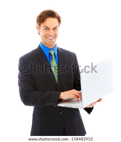 Happy business man on laptop isolated on white background. Waist up, color image, isolated on white, copy space.