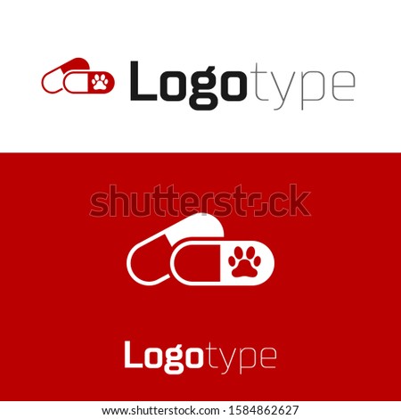 Red Dog and pills icon isolated on white background. Prescription medicine for animal. Logo design template element. 
