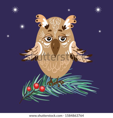 Christmas card with an owl on a background of the night sky