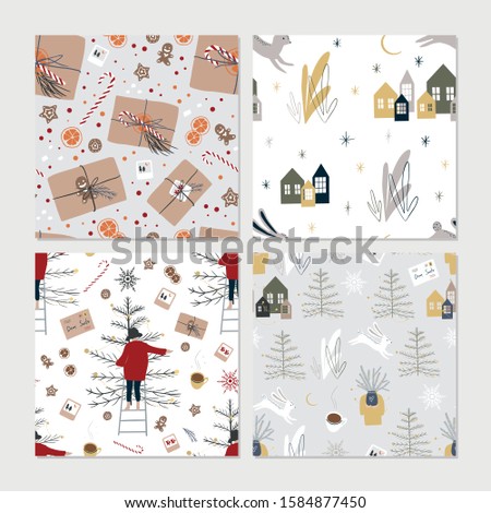 Abstract Christmas Seamless Patterns. Holiday Modern Backgrounds.
