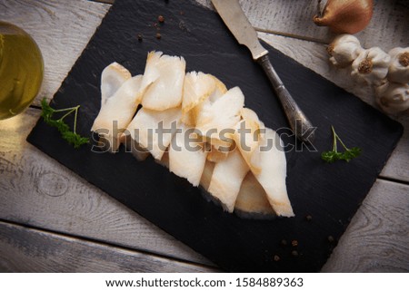 Delicious smoked halibut slices close up