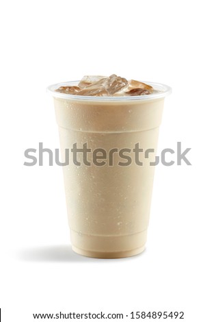 Food photography of Asian drink iced milk jasmine tea bubble tea in plastic take away cup on white background