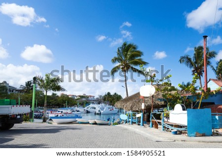 Caribbean town with coast and speedboats. Tropical destinations. Summer holidays