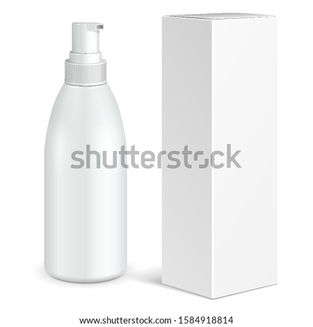 Mockup Cosmetic, Hygiene, Medical Grayscale Plastic Bottle Of Gel, Liquid Soap, Lotion, Cream, Shampoo With Box. Mock Up Ready For Your Design. Illustration Isolated On White Background. Vector EPS10 