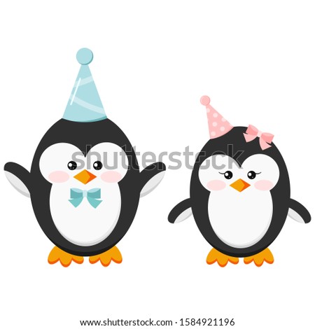 Cute birthday party penguin boy and girl couple set isolated on white background - boy in blue cap and with bow-tie and girl in pink birthday hat with bow on head. Flat design vector illustration.