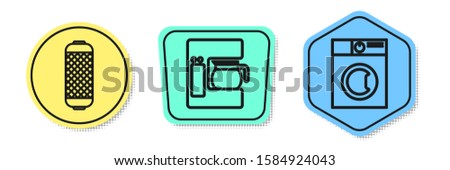 Set line Stereo speaker , Coffee machine with glass pot  and Washer . Colored shapes. Vector