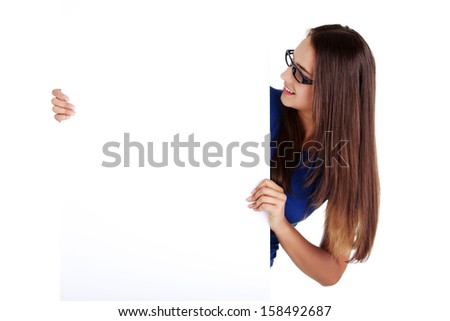 Portrait young happy woman with blank board , isoalted on white 