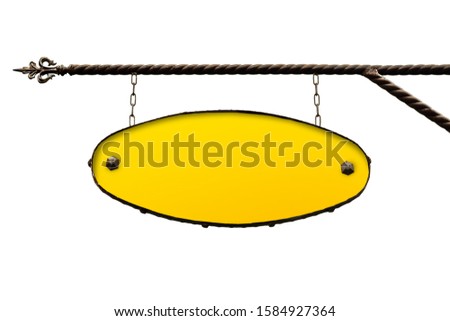 Yellow signboard. Yellow shopboard with no text hanging on a wrought iron structure. Mockup isolated on white. Blank for creativity and design.