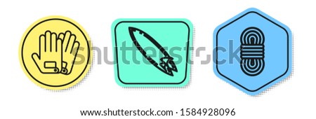 Set line Gloves, Surfboard and Climber rope. Colored shapes. Vector