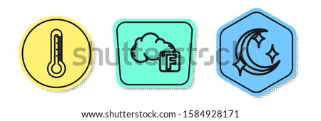 Set line Thermometer, Fahrenheit and cloud and Moon and stars. Colored shapes. Vector