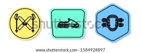 Set line Ski and sticks, Snowmobile and Knee pads. Colored shapes. Vector