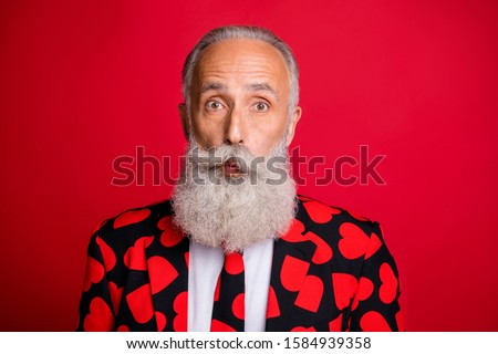 Closeup photo of crazy shocked aged attractive man amour role delighted many party guests come wear hipster hearts pattern suit costume tie isolated vivid color background