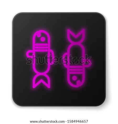 Glowing neon line Pisces zodiac sign icon isolated on white background. Astrological horoscope collection. Black square button. Vector Illustration