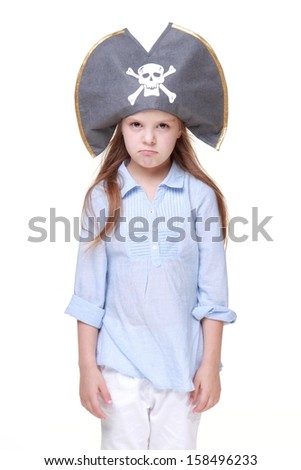 Positive little girl in pirate hat isolated on white on Holiday